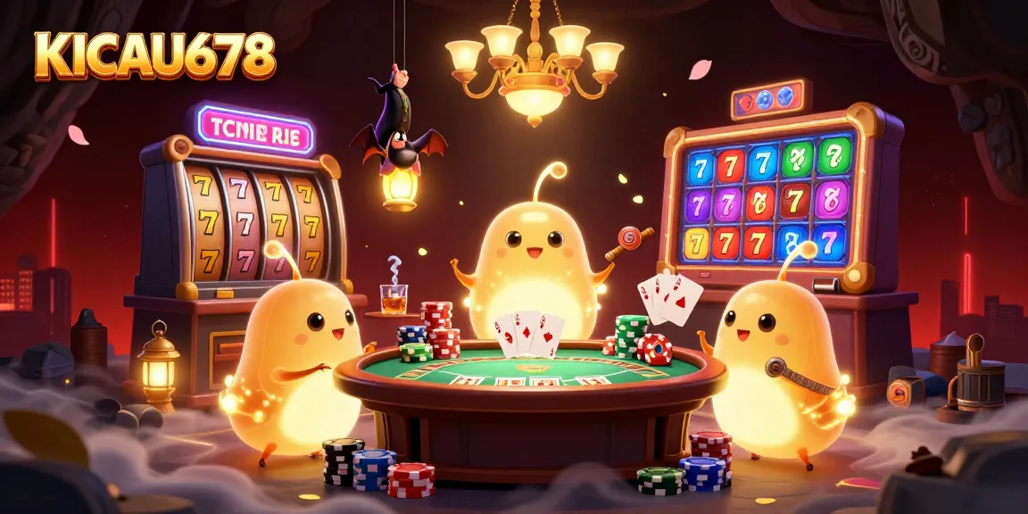 KICAU678 casino scene featuring glowworms illuminating slot machines with vibrant colors and rich details.