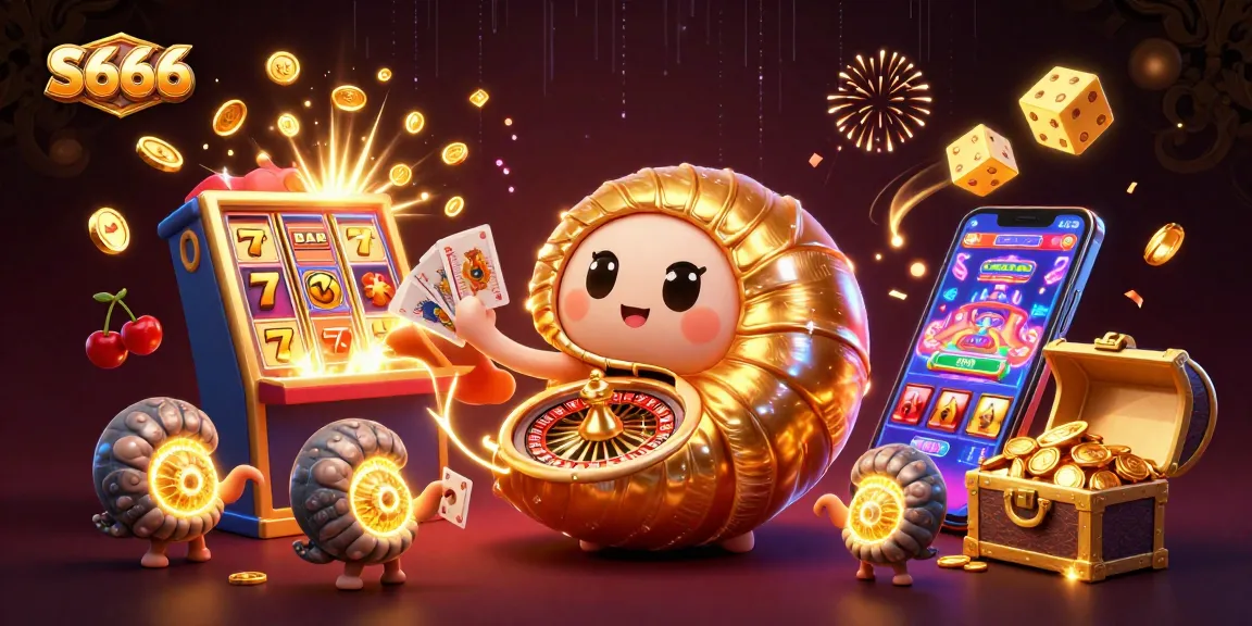 Experience thrilling gameplay at S666 with a cartoon nautilus roulette wheel, golden coins, and vibrant slot machines.