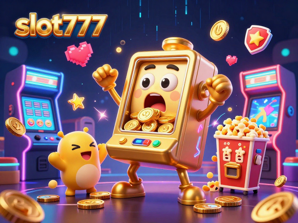 Experience slot777 excitement as a golden slot machine hits the jackpot, cheered by smaller machines.