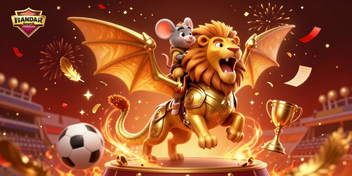 BANDAR Sports TERPERCAYA celebrates with a triumphant chimera and sports betting elements in 3D illustration.