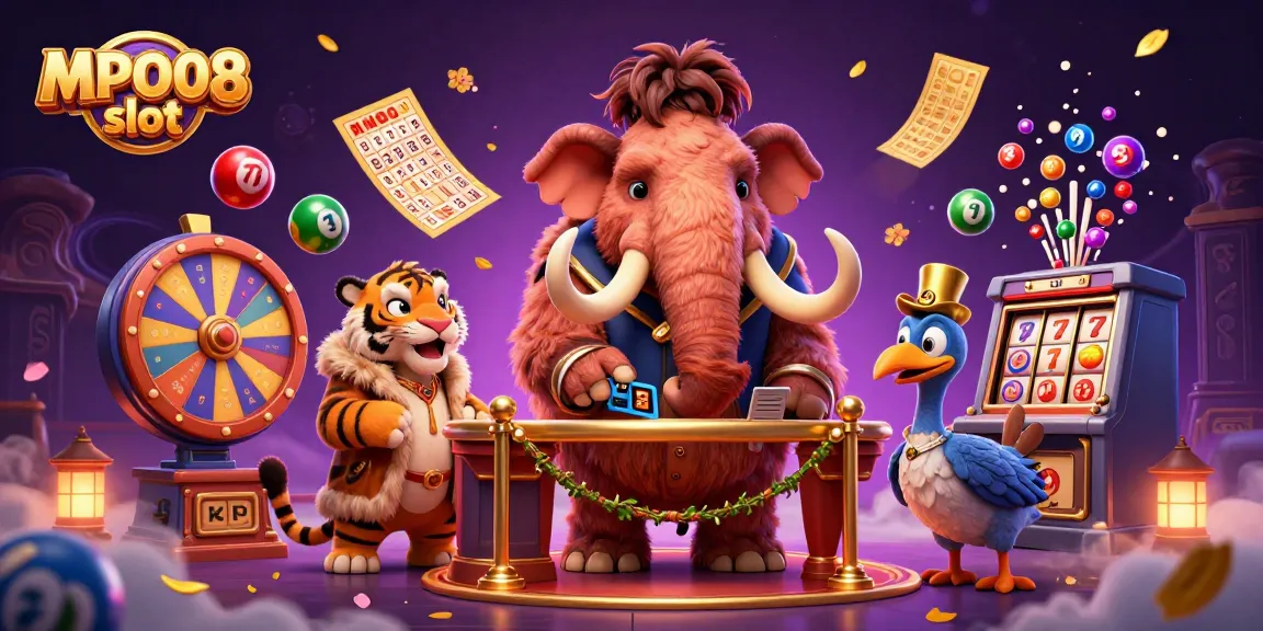 Experience the excitement of MPO08 slot with a colorful, lively casino scene featuring fun characters.