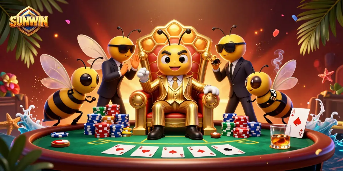 SUNWIN bumblebee mob boss oversees a poker game in a lavish casino scene filled with chips and cards.