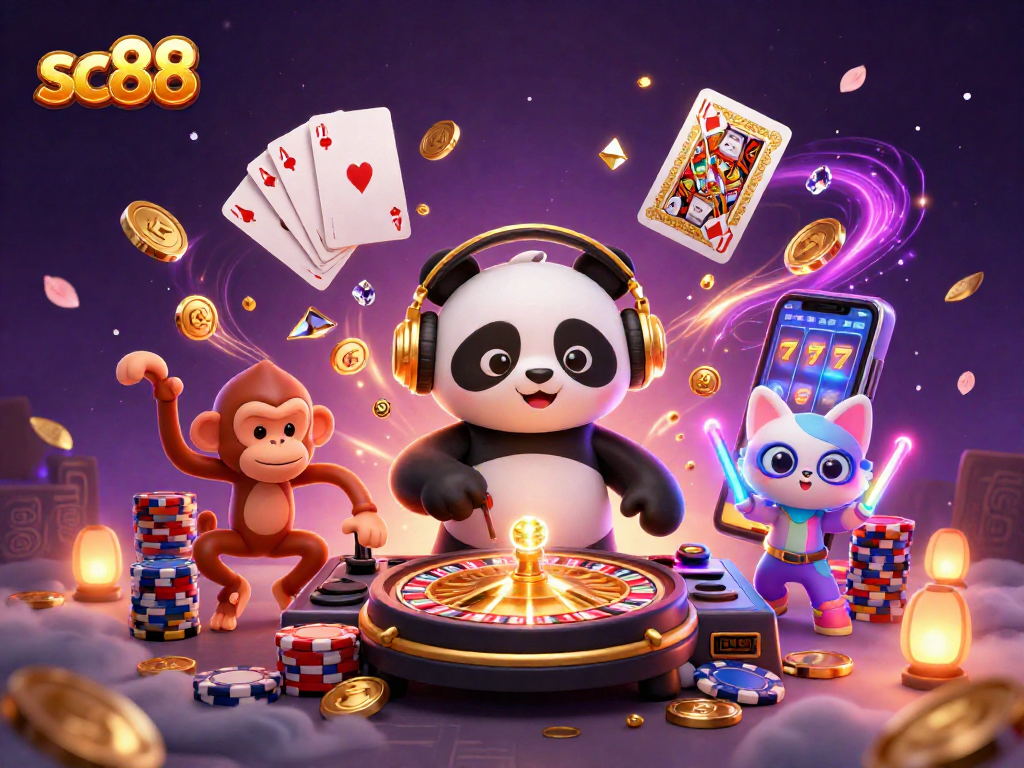 Engage with sc88's vibrant casino scene featuring a DJ panda, breakdancing monkey, and glow-stick kitten.