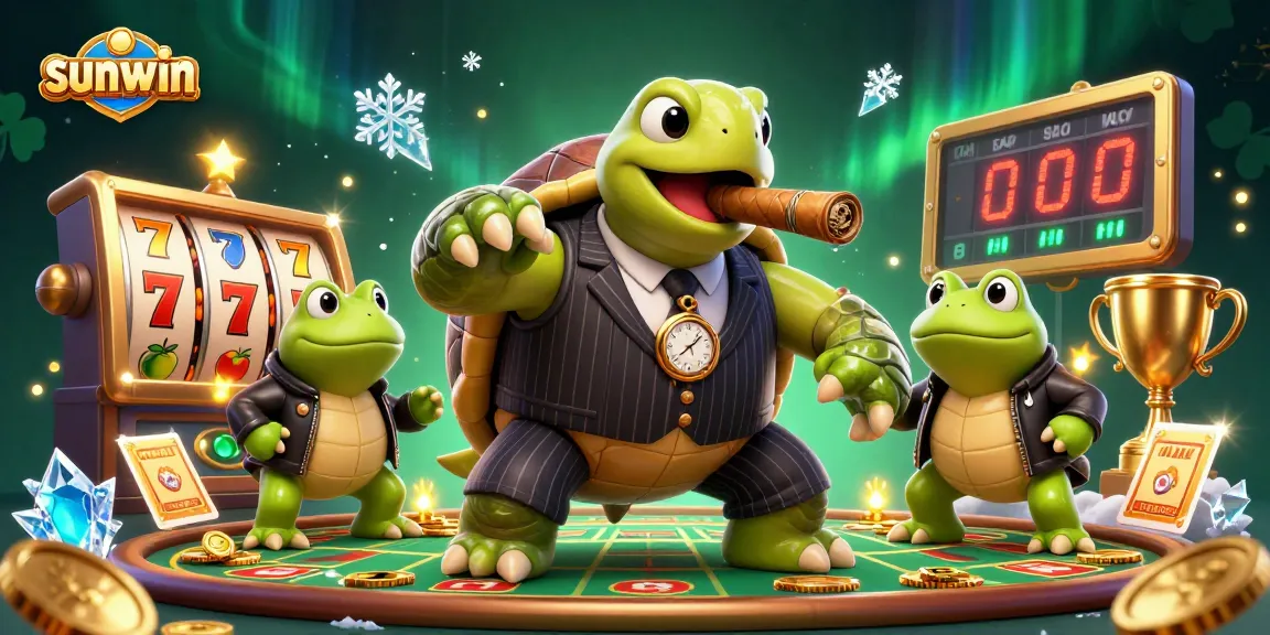 Spin to win at sunwin with a snapping turtle mobster overseeing vibrant slot reels, showcasing excitement.