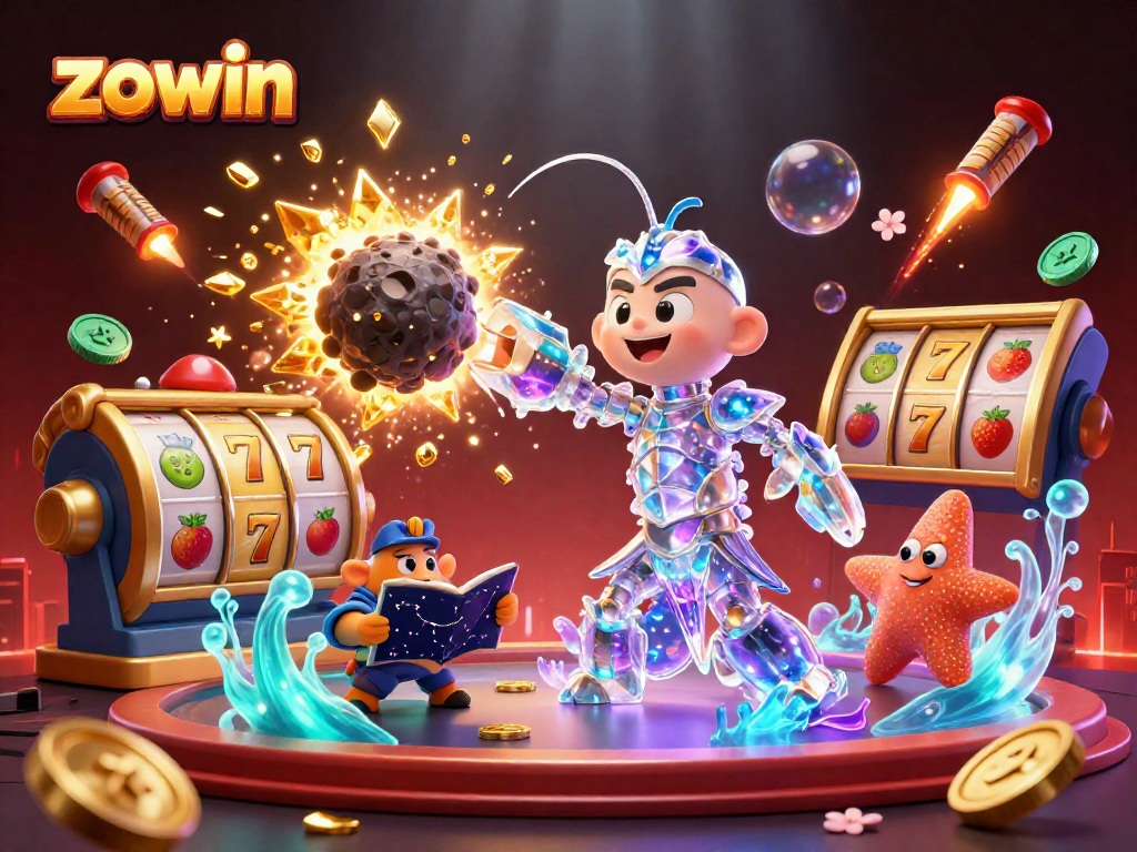 Engage with thriving excitement at zowin where a galactic mantis shrimp and starfish illustrate casino adventures amid golden slots and festive colors.