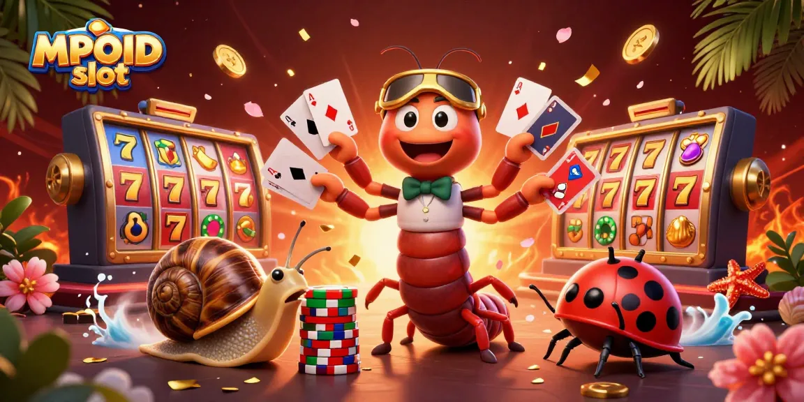 Engage with MPOID slot's thrilling action as characters play cards with vibrant slot reels surrounding them.