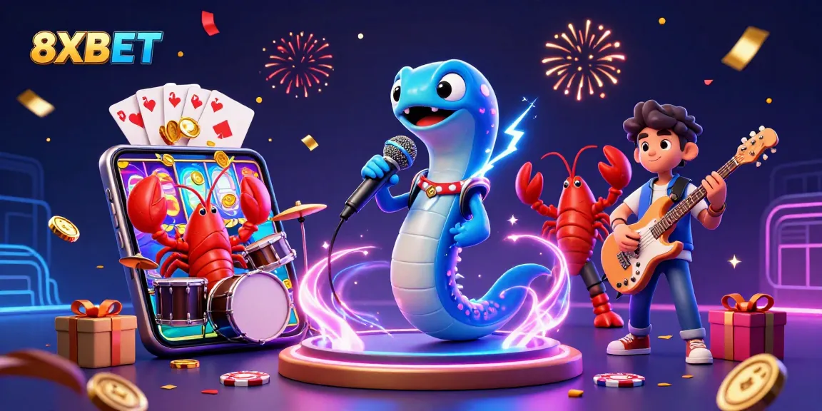 8XBET lively underwater casino scene featuring a DJ electric eel, lobster drummer, and seahorse guitarist performing.