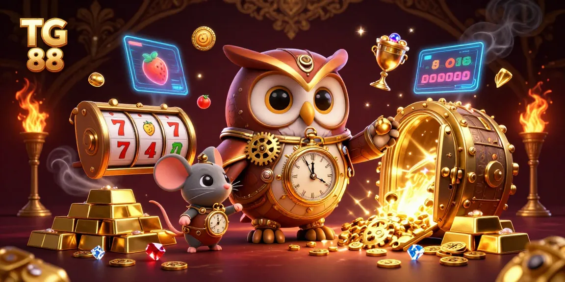 Play in a vibrant casino scene showcasing TG 88's time-traveling owl amidst slot reels and gold treasures.