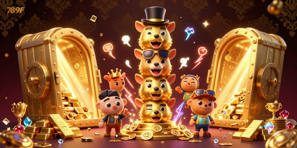 Engage with the vibrant casino world of 789F, showcasing dazzling treasures and animated characters.