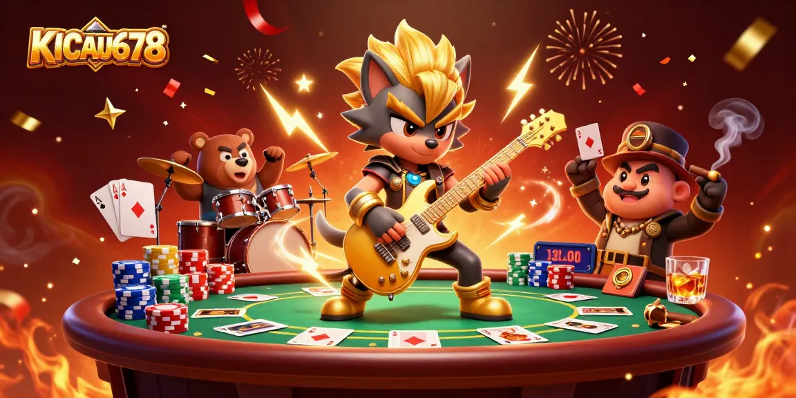 KICAU678 players celebrate jackpot wins with vibrant 3D casino artwork featuring rock star wolf and drummer bear.