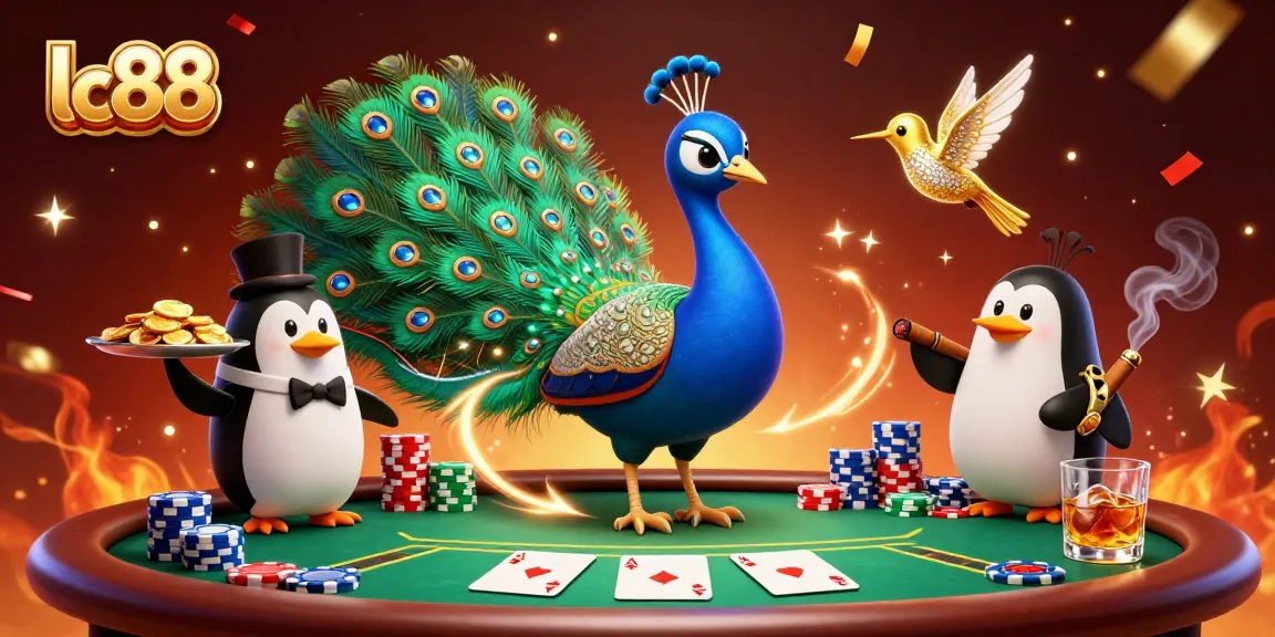 Experience excitement at lc88 with a vibrant casino scene featuring a peacock and penguin amidst dazzling poker elements.