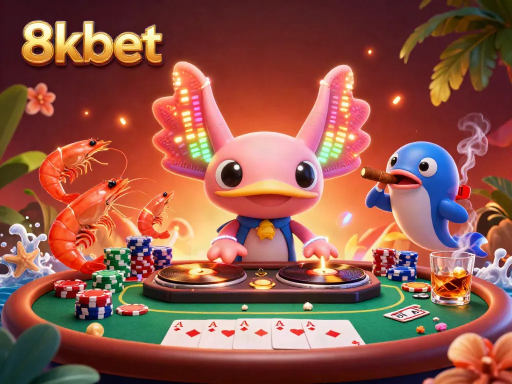 Experience the vibrant 8kbet scene with a neon axolotl DJ and lively sea creatures at a busy underwater casino.