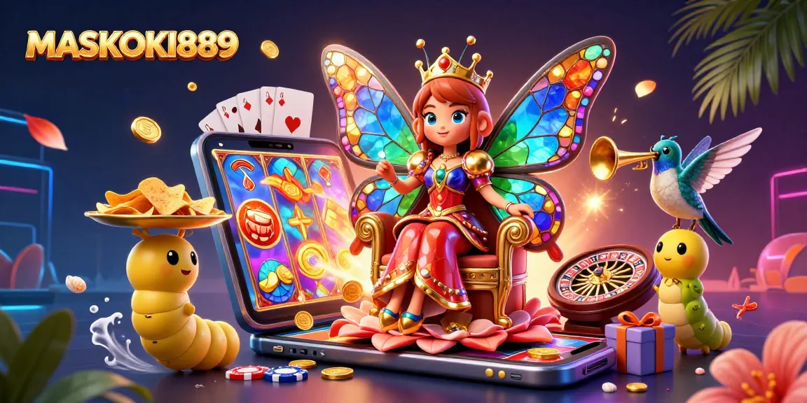 Spin to win with MASKOKI889 in a vibrant casino scene featuring a butterfly queen and lively game elements.