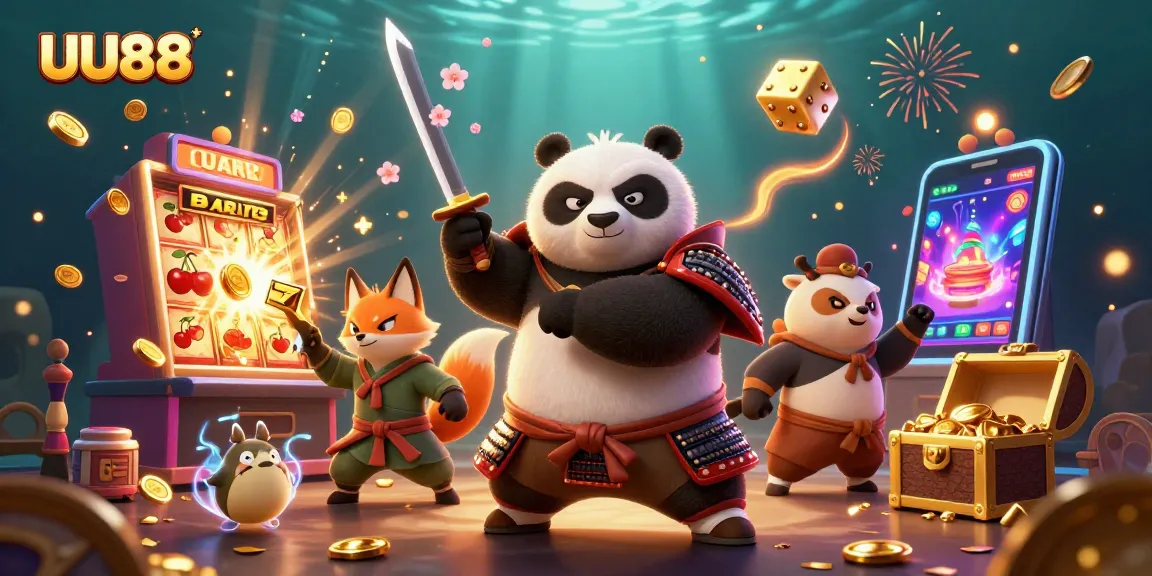 Exciting scene with UU88's panda samurai and fox ninja amidst a jackpot explosion in rich detail.