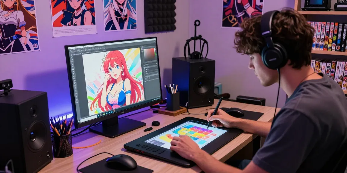 AI ecchi illustration artist creating vibrant digital art in a cozy studio.