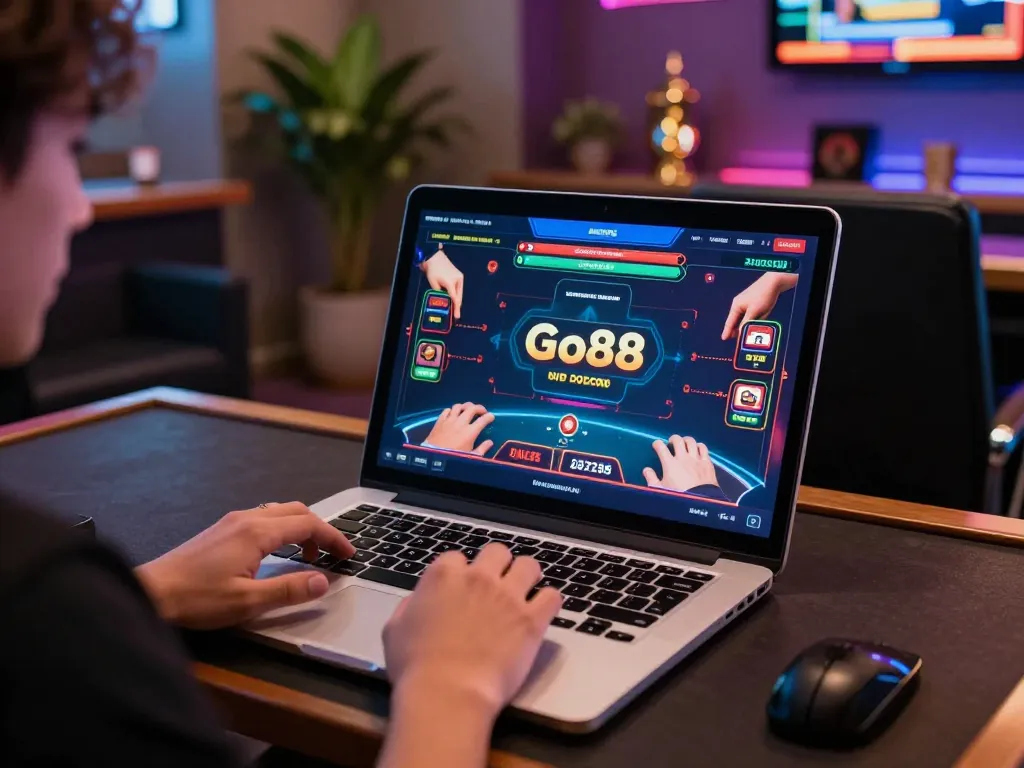 Go88 player engaged in online casino gaming strategy with laptop interface visible, showcasing interactive experience.
