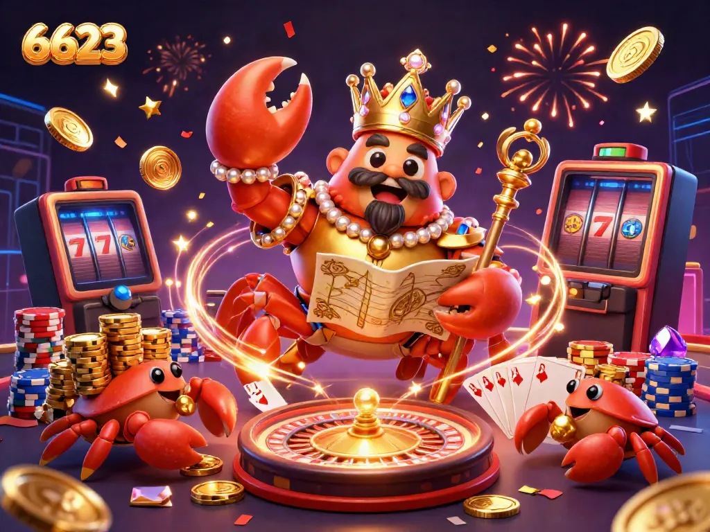Engage with the thrilling world of 6623 featuring a golden crab emperor among vibrant casino elements.