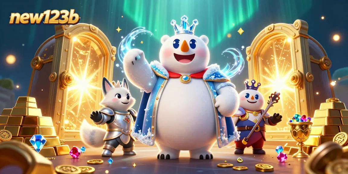 Win big with new123b's vibrant casino scene featuring an ice king and treasures.