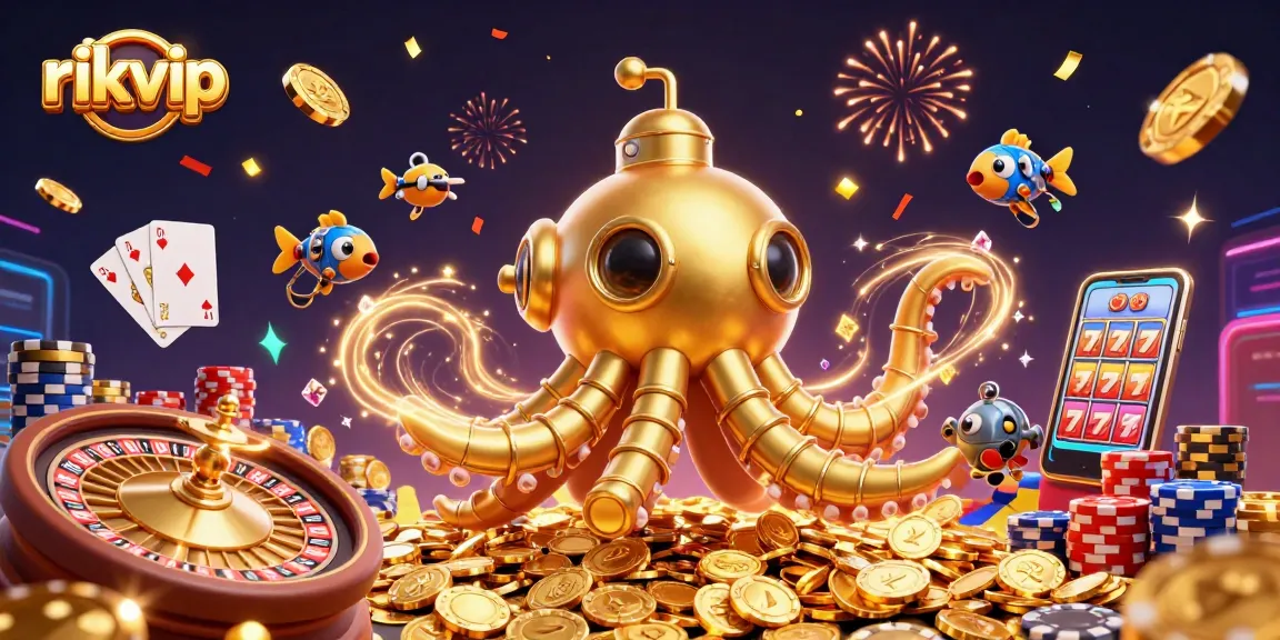 Play thrilling games at rikvip, where golden coins cascade around a golden kraken in a vibrant casino scene.