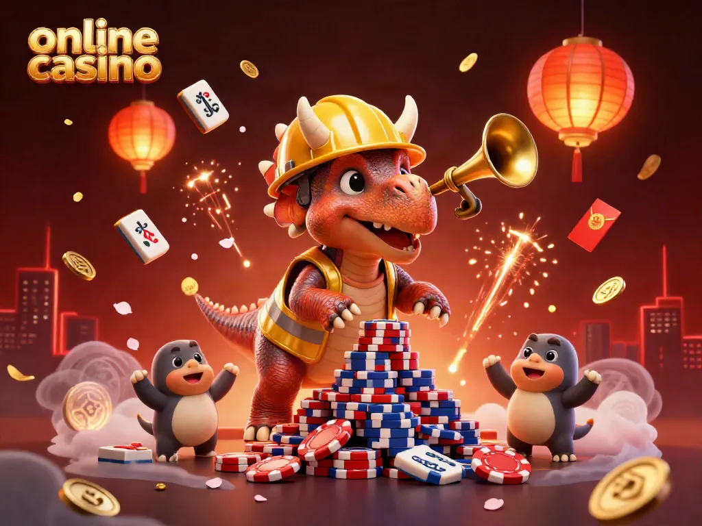Engage with online casino excitement featuring a dynamic scene of playful dinosaur characters celebrating with gaming elements.
