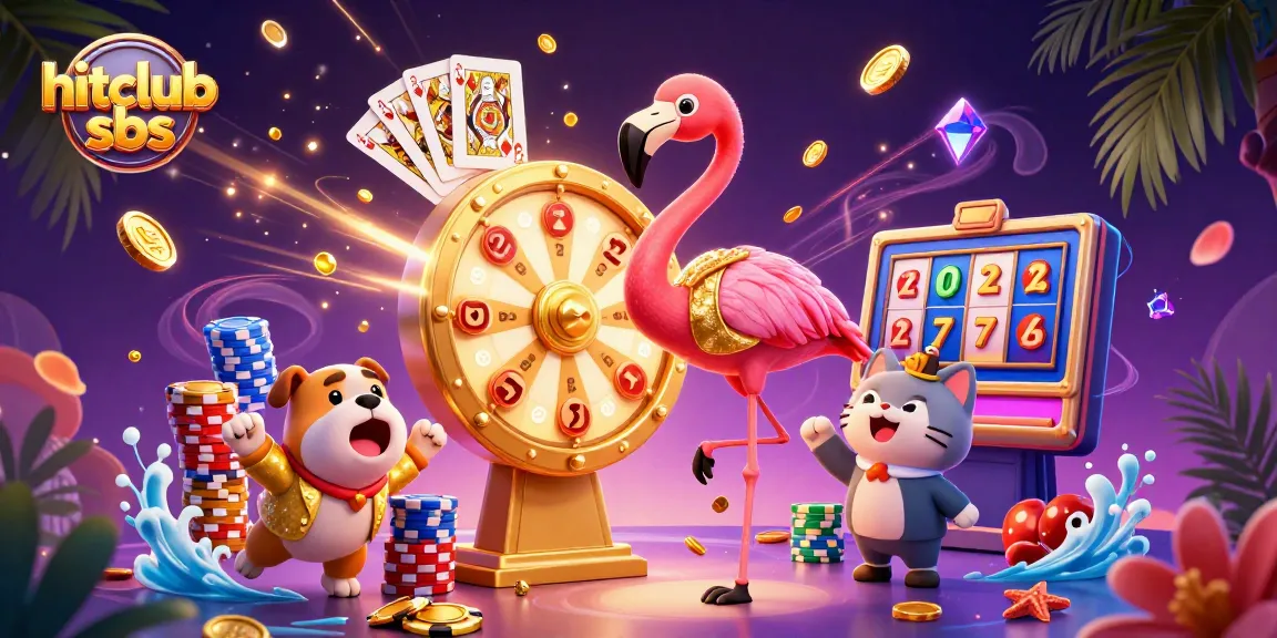 Experience the excitement of hitclub sbs with vibrant 3D characters celebrating wins and prizes in a dynamic casino scene.