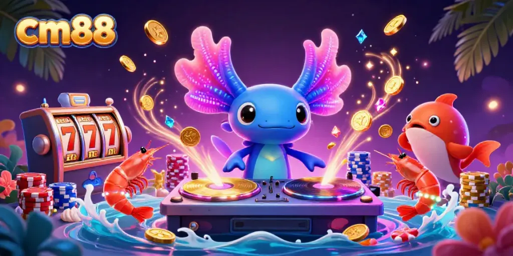 Engage in exciting games with cm88 as a neon axolotl DJ and vibrant characters in a colorful casino scene.
