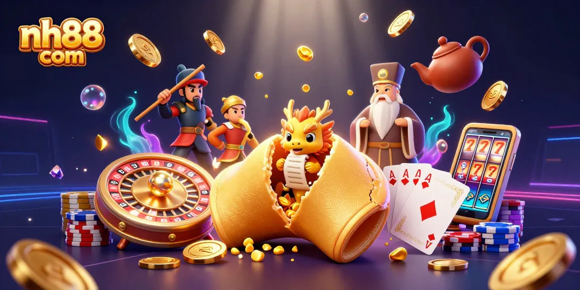 Experience the excitement of nh88 com with our vibrant slot game and fortune cookie adventure illustration.