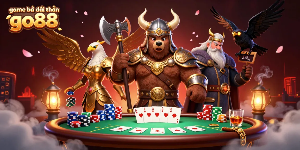 Experience the thrill of game bài đổi thưởng go88 with a vibrant 3D casino scene showcasing epic characters and poker elements.
