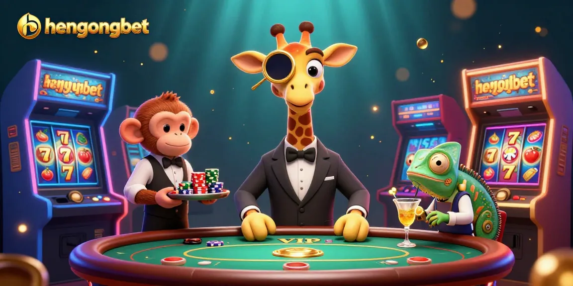 Engage in fun at hengongbet with a vibrant illustration showcasing casino characters and colorful gaming elements.