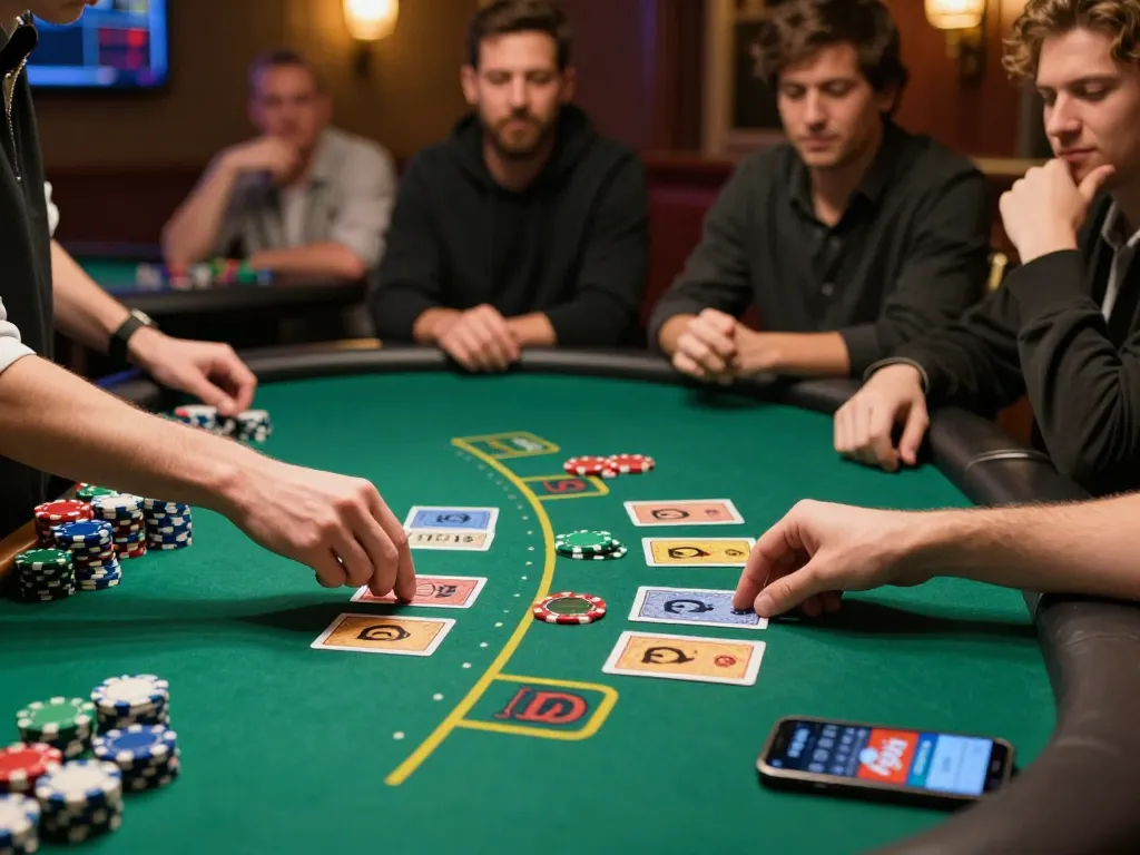 Daga players strategizing at a blackjack table during an exciting live game.