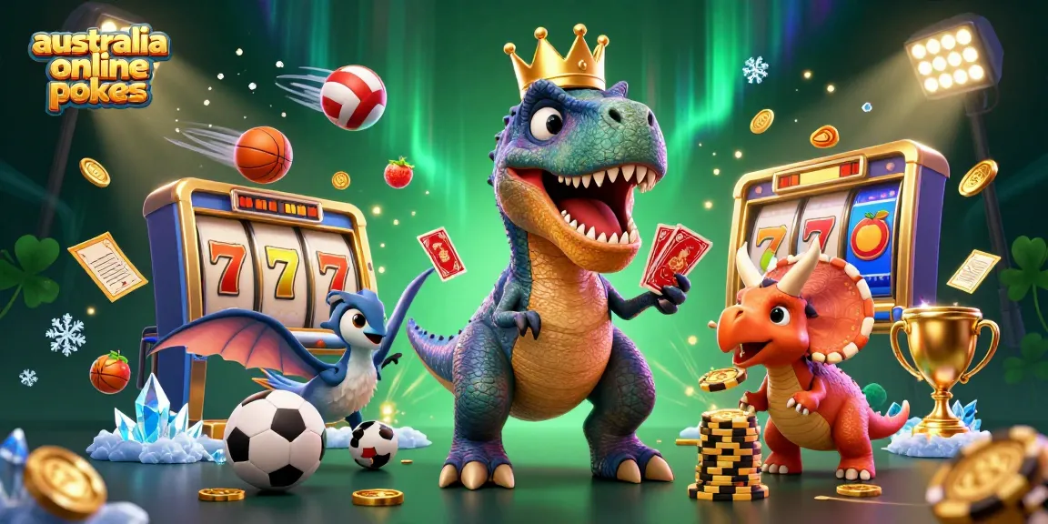 A vibrant scene showcasing a friendly T-Rex, pterodactyl, and triceratops engaged in exciting australia online pokies gameplay with dynamic slot elements.
