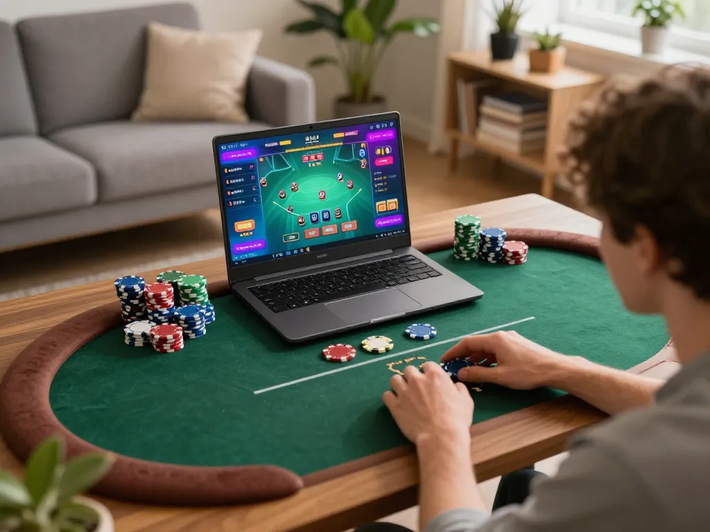 ee88 online poker gaming session with vibrant interface and colorful chips in cozy setup