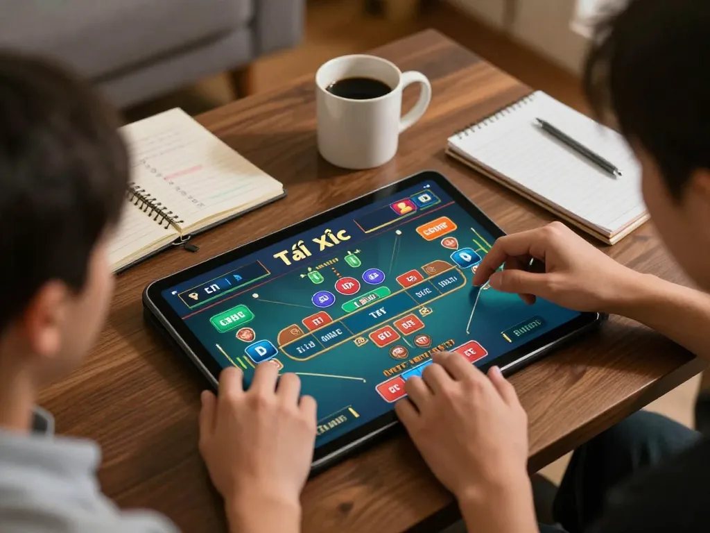 Players enjoying Tài Xỉu online gameplay on taixiuonlinego app in a cozy home setting