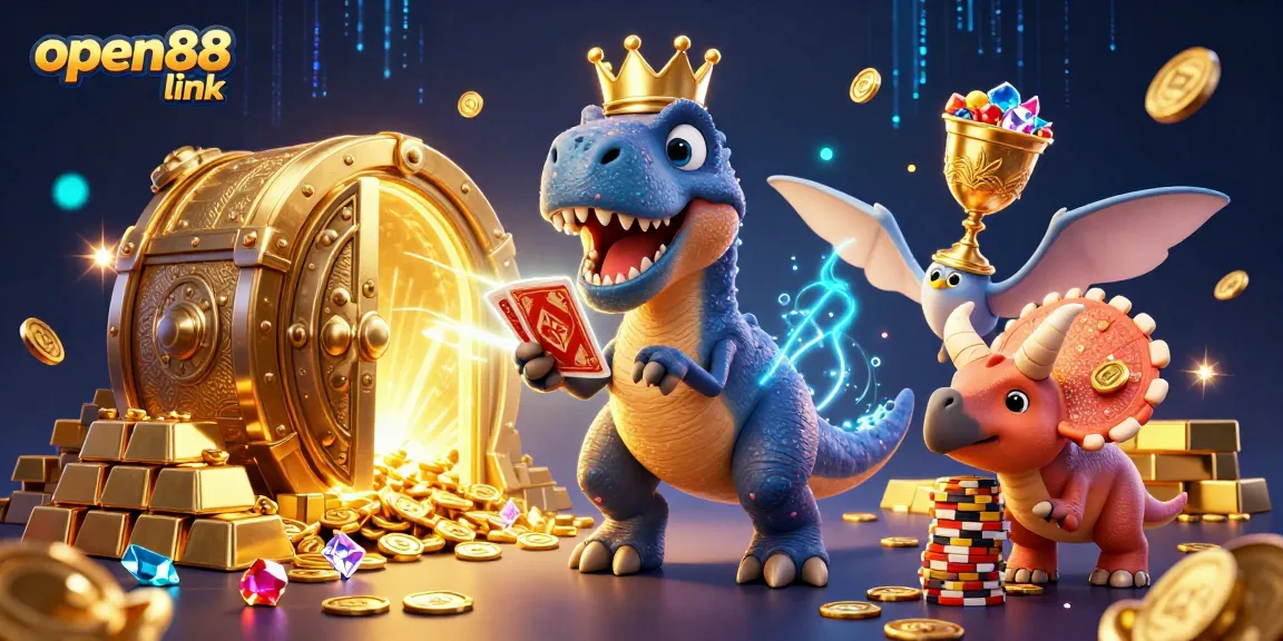 Play exciting games at open88 link with a T-Rex dealer and golden chips colliding
