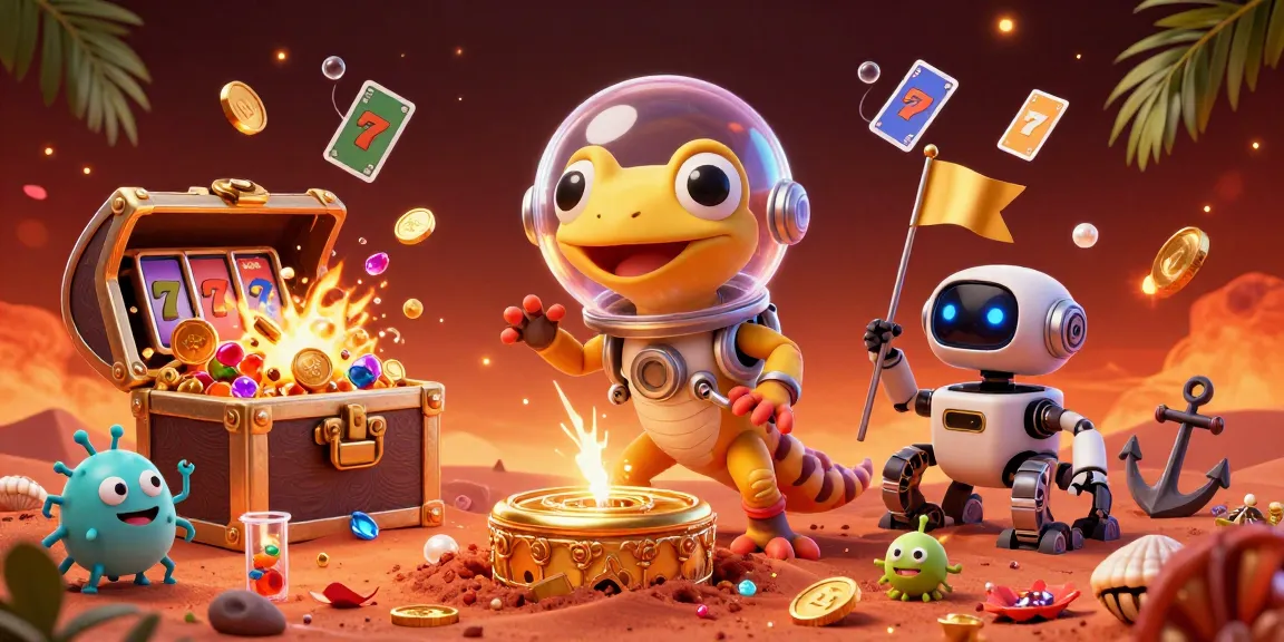 PUSSY888 เกมสล็อตมือถือ showcases a Martian gecko and robot at a buried golden casino, intertwined with vibrant slot reels and treasure, promising thrilling adventures.
