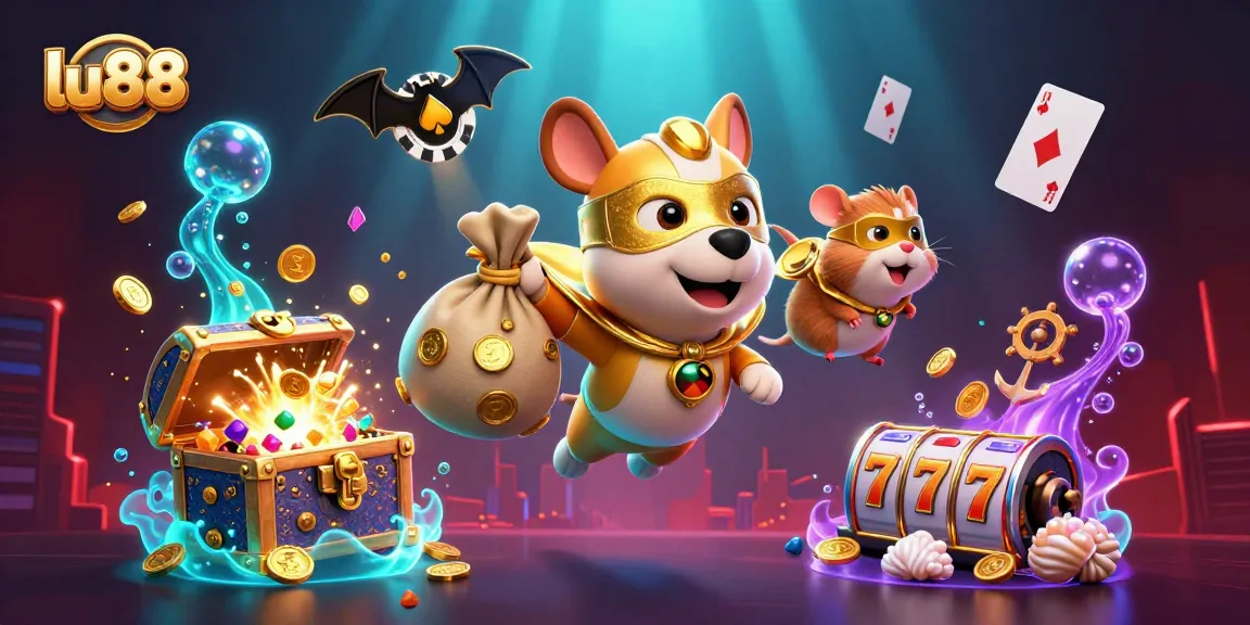 lu88 showcases winning strategies in a dynamic 3D casino scene with vibrant characters and rich gambling elements