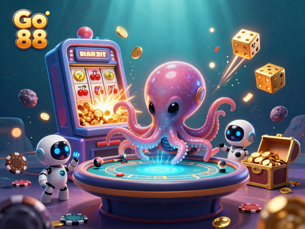 Go 88 alien octopus plays poker in a dazzling cosmic casino scene filled with jackpots.