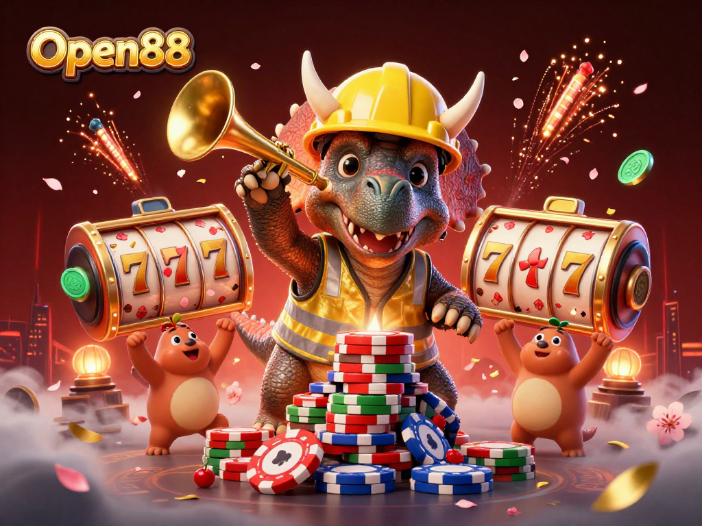 Open88 showcases a vibrant 3D scene of a triceratops building a poker chip pyramid amid festive decorations.