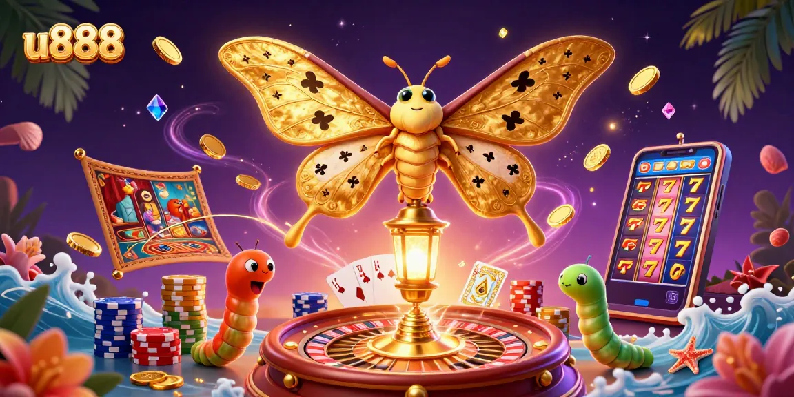 Experience u888's thrilling slots with golden moths, vibrant chips, and dynamic game elements.