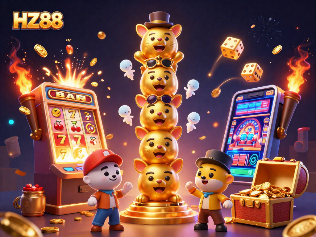 Experience HZ88's thrilling casino games through this vibrant 3D illustration showcasing dynamic elements.