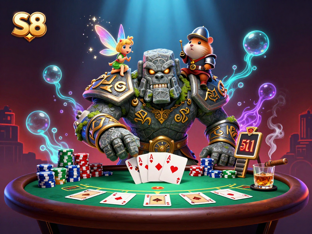 S8 offers exciting poker adventures with a magical 3D golem guardian and vibrant casino elements.