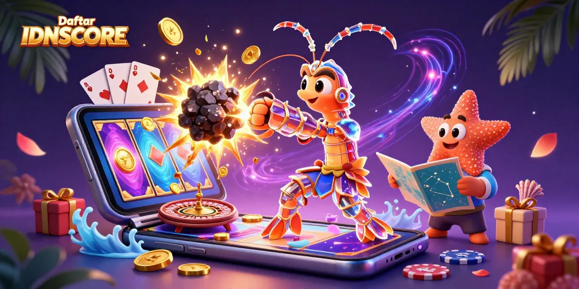 Experience Daftar IDNSCORE's thrilling slot games with an explosive 3D battle scene featuring vibrant gambling elements.