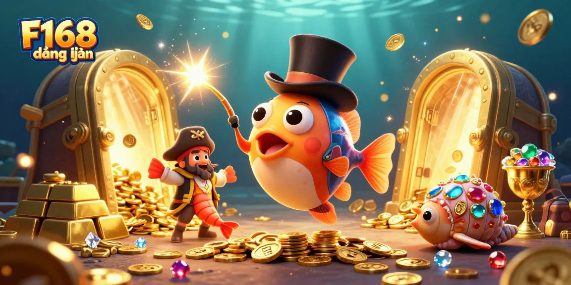 Join the excitement with F168 đăng nhập, as our anglerfish attracts golden coins in a vibrant casino scene.