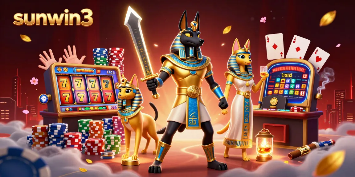 Experience thrilling action at sunwin3 with Anubis and Bastet amidst vibrant casino elements.