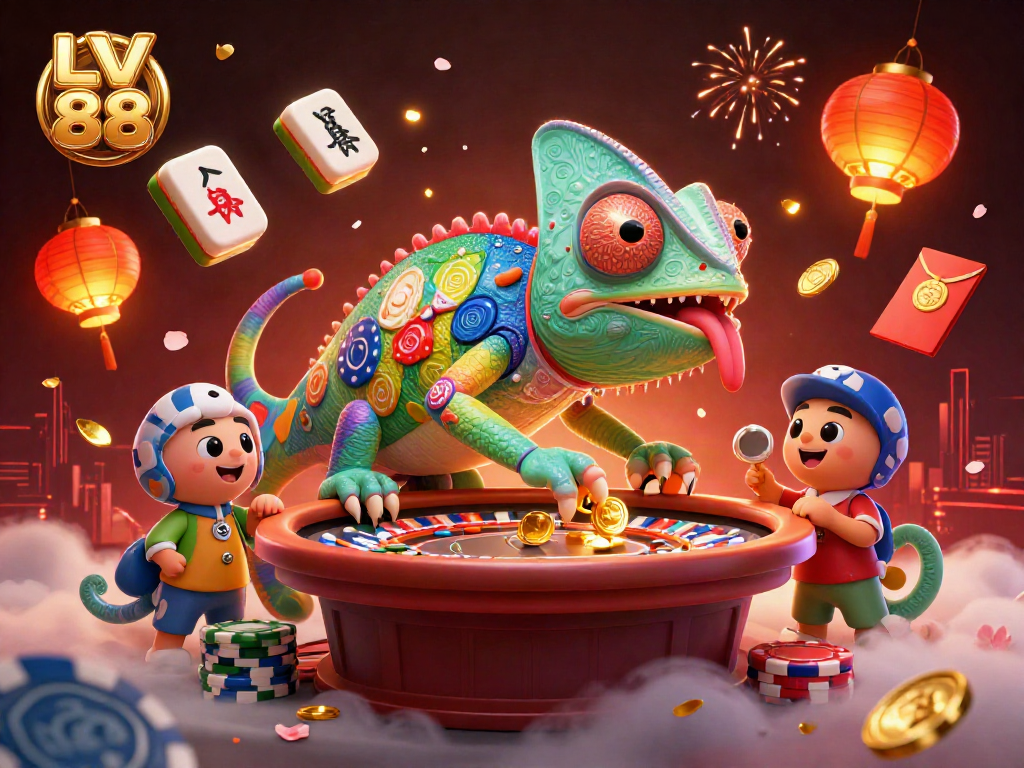 Engage with exciting casino moments at LV 88 with a vibrant chameleon, games, and winning elements.