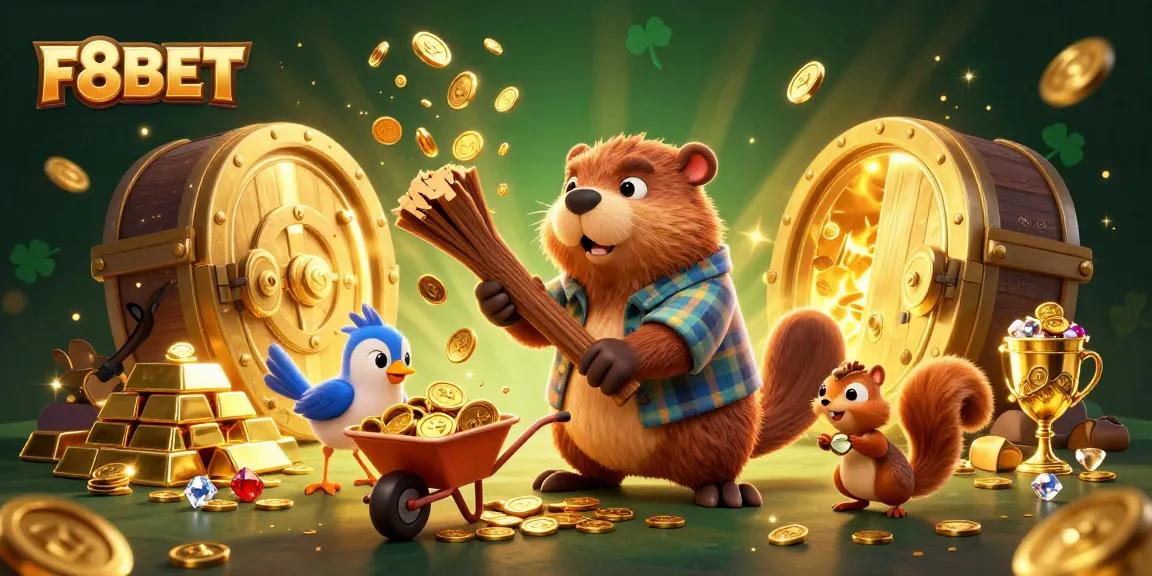 Experience winning at F8BET with a vibrant scene of a beaver, bird, and squirrel collecting golden coins.