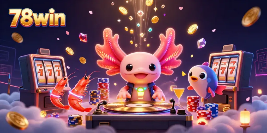Experience thrilling 78win slot adventures with a vibrant 3D casino scene filled with fun characters.