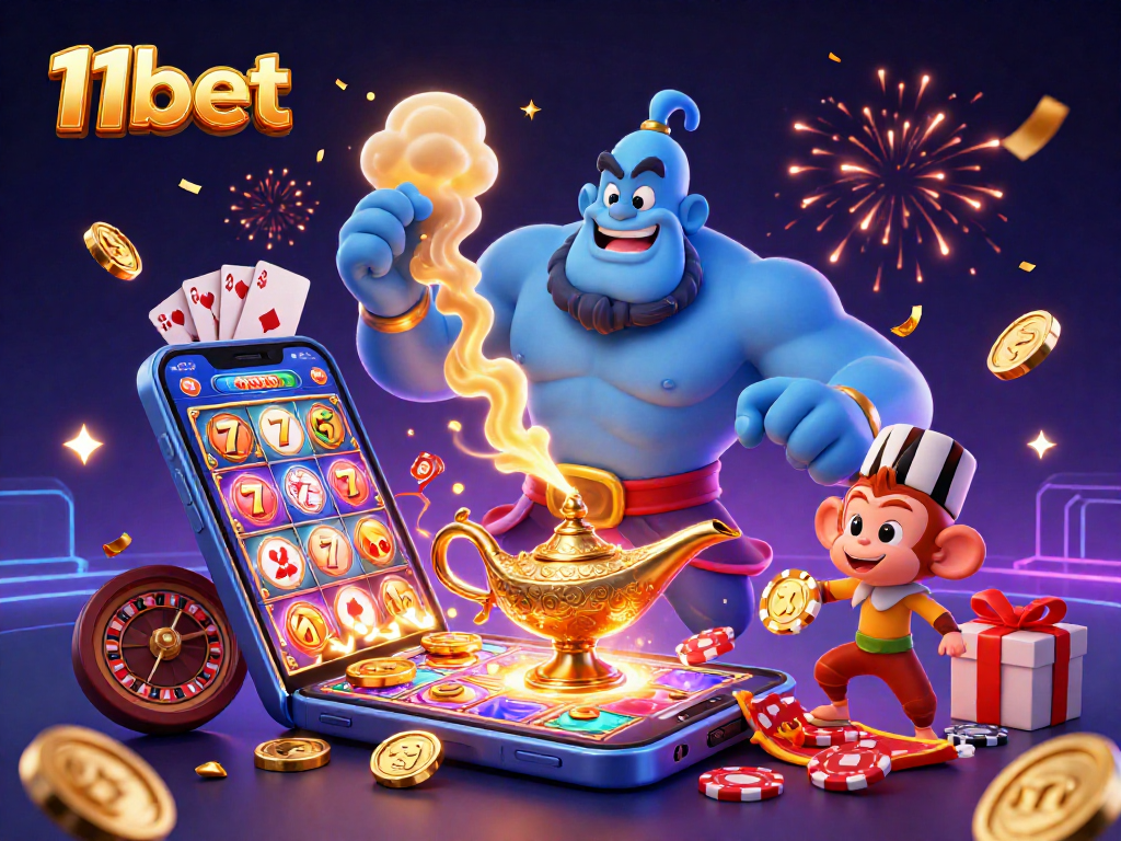 Engage with 11bet's vibrant casino scene showcasing a blue genie and poker elements.
