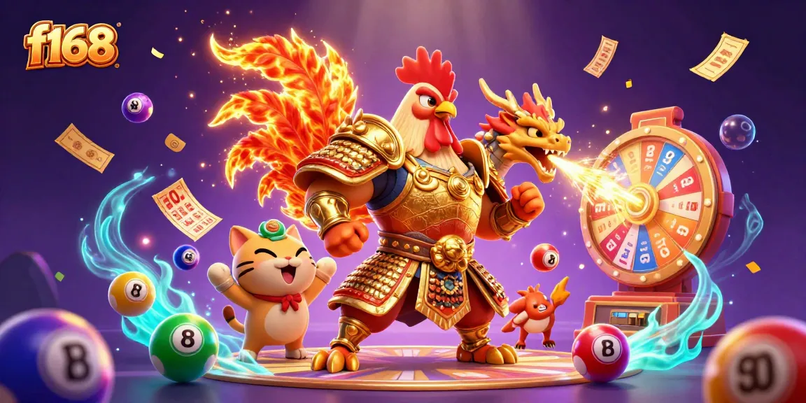 Experience the thrill of f168 with a dynamic gambling scene featuring a rooster warrior and a dragon hatchling.