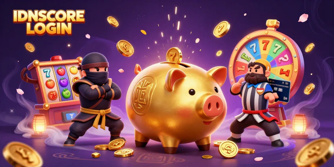 IDNSCORE LOGIN showcases an exciting scene with a golden piggy bank sumo wrestler and dynamic slot game elements.